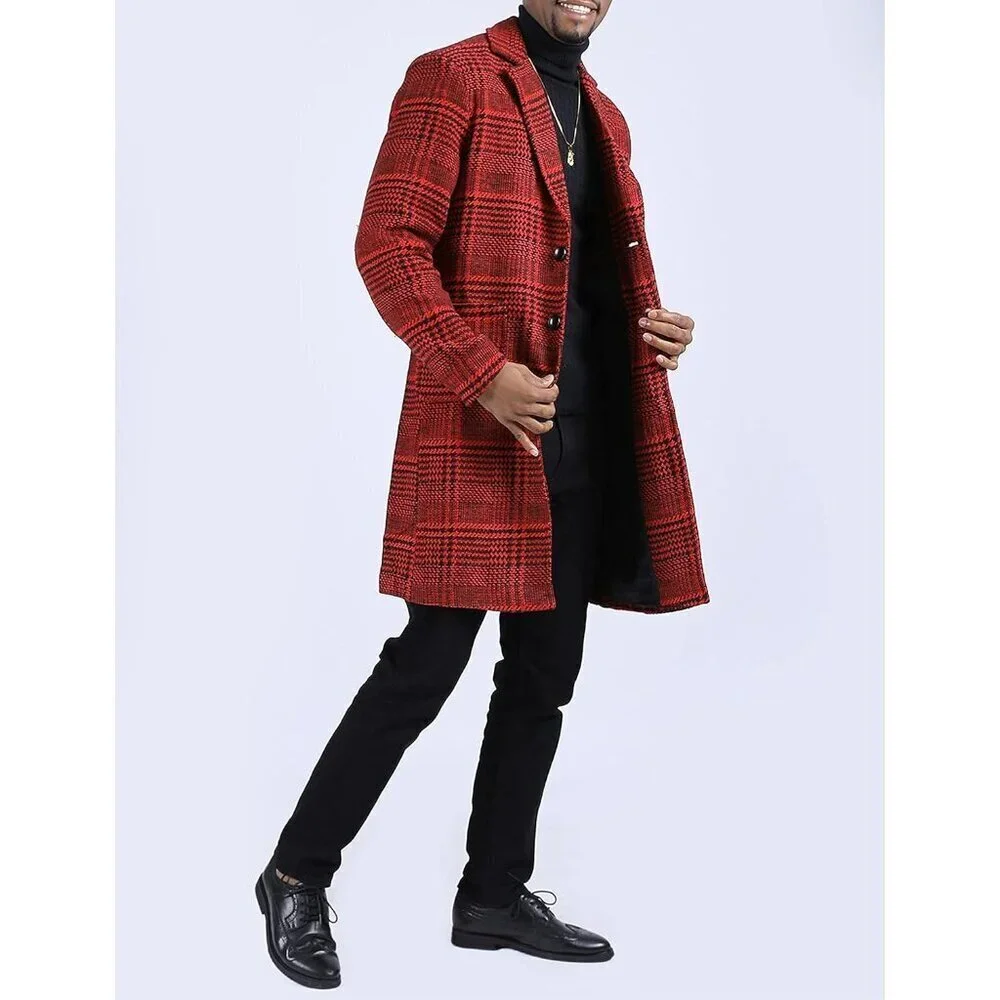 Men's Wine Red Wool Blend Pea Coat Notched Collar Single Breasted Overcoat